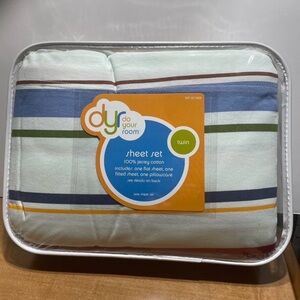 Twin Sheet Set - Blue, Green, White Stripes